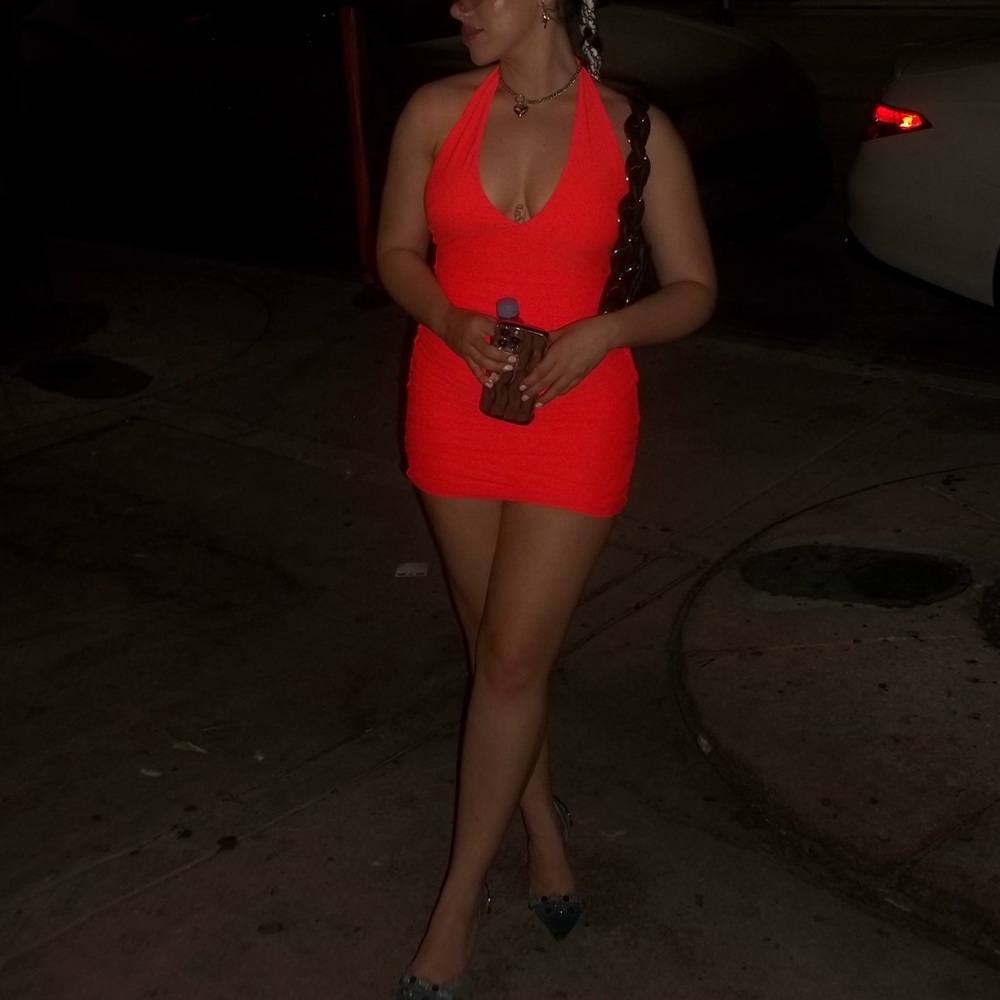 coral ruched mini dress